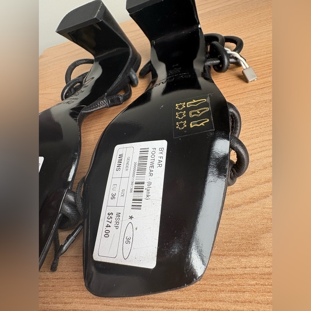 By Far Charlie Black Leather Knot Sandals Size 36 Square Toe 2.5” Heel - Picture 10 of 15
